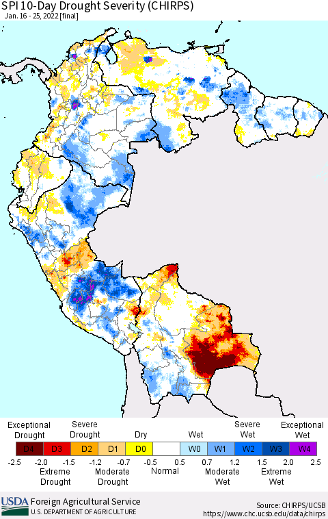Northern South America SPI 10-Day Drought Severity (CHIRPS) Thematic Map For 1/16/2022 - 1/25/2022