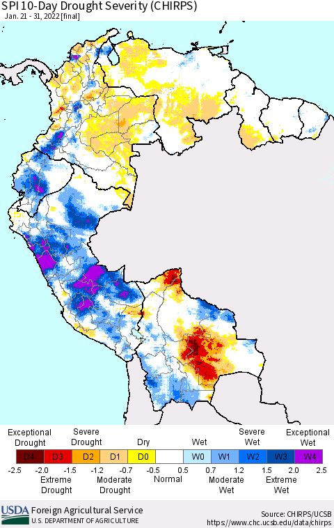 Northern South America SPI 10-Day Drought Severity (CHIRPS) Thematic Map For 1/21/2022 - 1/31/2022