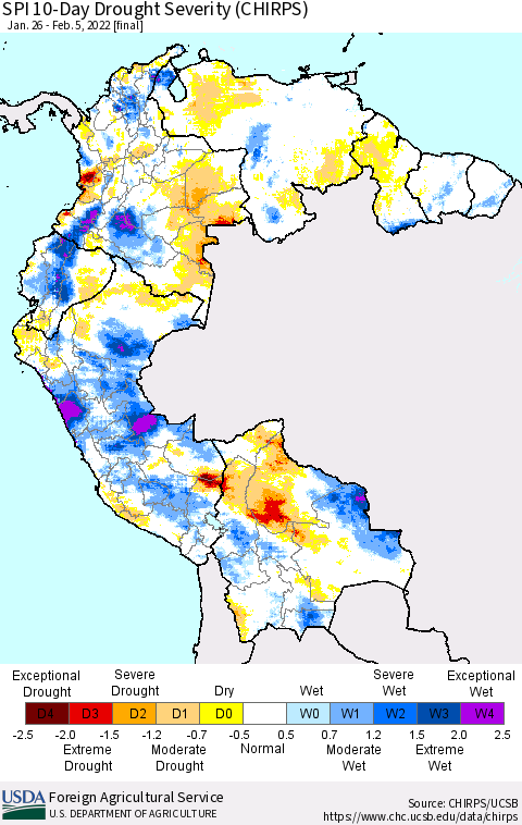 Northern South America SPI 10-Day Drought Severity (CHIRPS) Thematic Map For 1/26/2022 - 2/5/2022