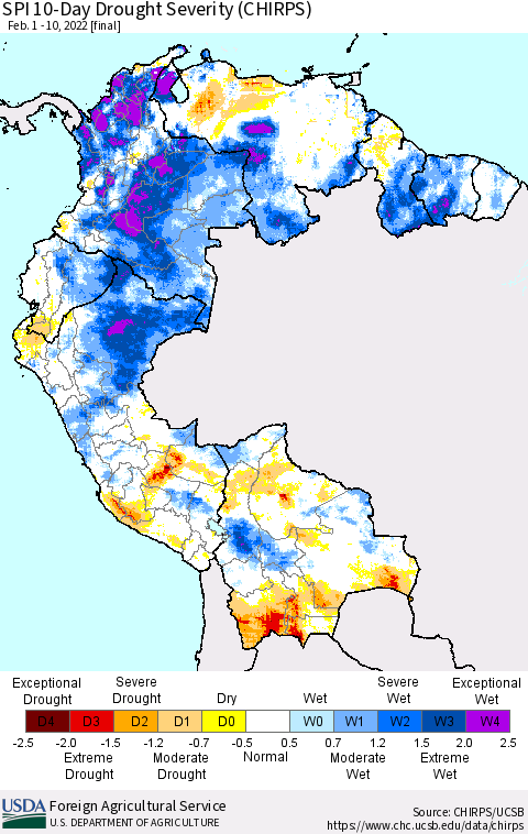 Northern South America SPI 10-Day Drought Severity (CHIRPS) Thematic Map For 2/1/2022 - 2/10/2022