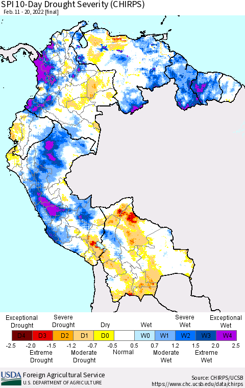 Northern South America SPI 10-Day Drought Severity (CHIRPS) Thematic Map For 2/11/2022 - 2/20/2022
