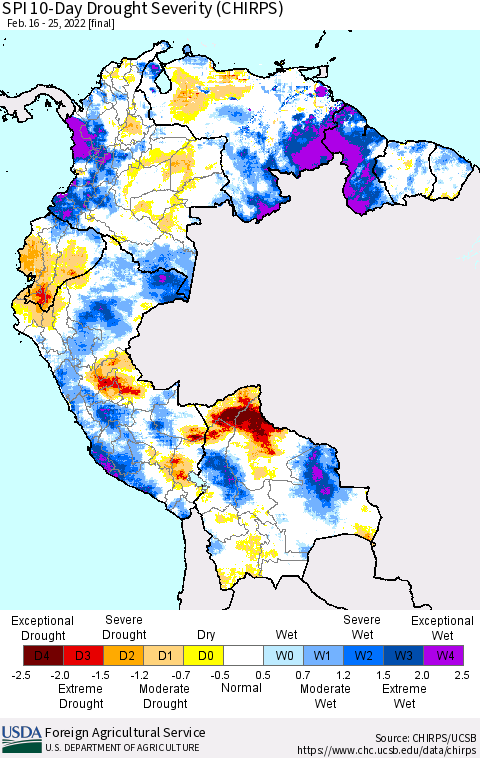 Northern South America SPI 10-Day Drought Severity (CHIRPS) Thematic Map For 2/16/2022 - 2/25/2022