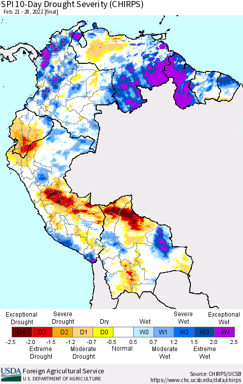 Northern South America SPI 10-Day Drought Severity (CHIRPS) Thematic Map For 2/21/2022 - 2/28/2022