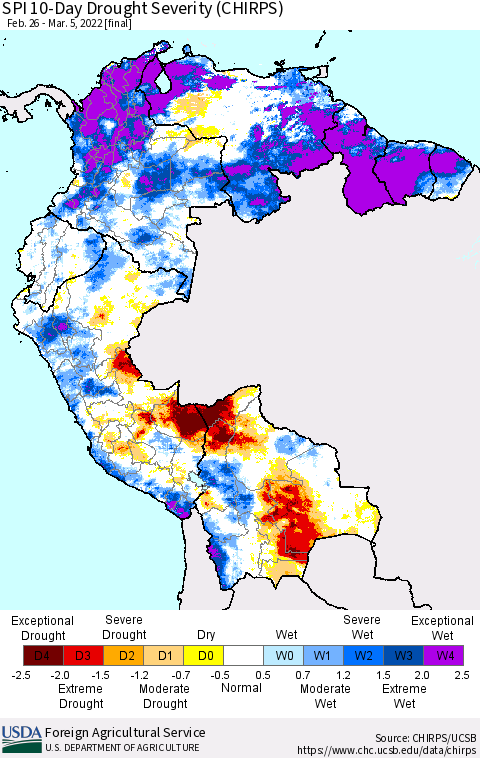 Northern South America SPI 10-Day Drought Severity (CHIRPS) Thematic Map For 2/26/2022 - 3/5/2022