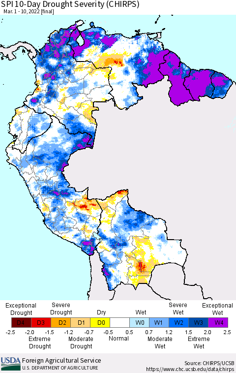 Northern South America SPI 10-Day Drought Severity (CHIRPS) Thematic Map For 3/1/2022 - 3/10/2022