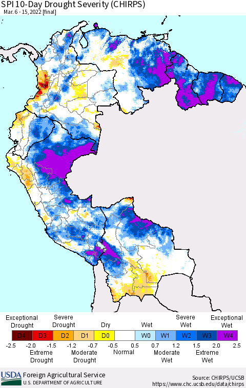 Northern South America SPI 10-Day Drought Severity (CHIRPS) Thematic Map For 3/6/2022 - 3/15/2022