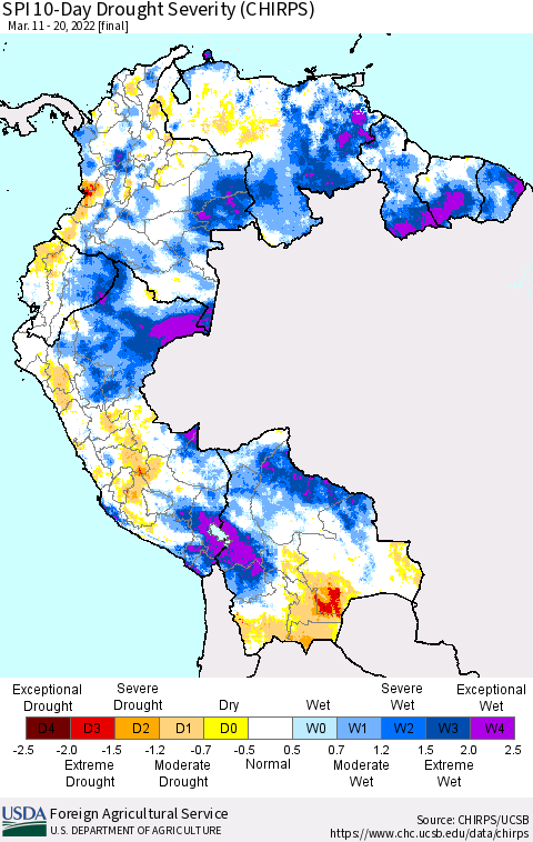 Northern South America SPI 10-Day Drought Severity (CHIRPS) Thematic Map For 3/11/2022 - 3/20/2022
