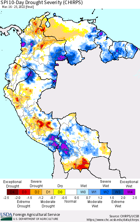 Northern South America SPI 10-Day Drought Severity (CHIRPS) Thematic Map For 3/16/2022 - 3/25/2022