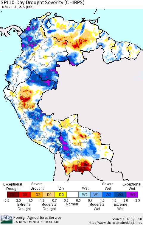 Northern South America SPI 10-Day Drought Severity (CHIRPS) Thematic Map For 3/21/2022 - 3/31/2022