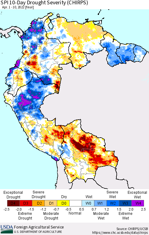 Northern South America SPI 10-Day Drought Severity (CHIRPS) Thematic Map For 4/1/2022 - 4/10/2022