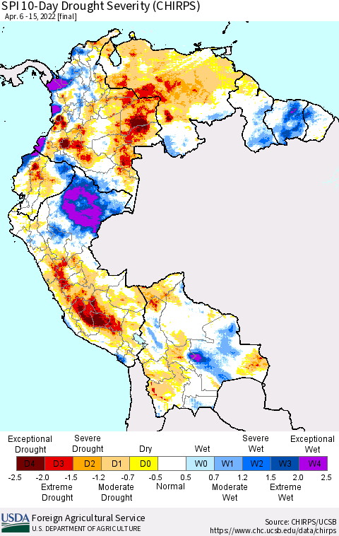 Northern South America SPI 10-Day Drought Severity (CHIRPS) Thematic Map For 4/6/2022 - 4/15/2022