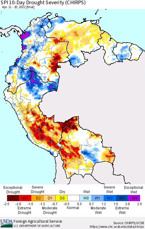 Northern South America SPI 10-Day Drought Severity (CHIRPS) Thematic Map For 4/11/2022 - 4/20/2022