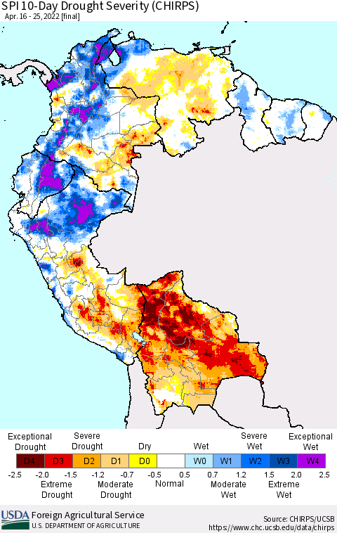 Northern South America SPI 10-Day Drought Severity (CHIRPS) Thematic Map For 4/16/2022 - 4/25/2022