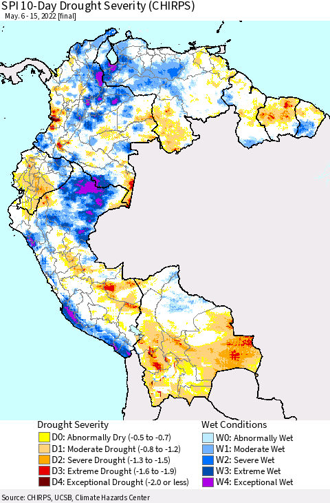 Northern South America SPI 10-Day Drought Severity (CHIRPS) Thematic Map For 5/6/2022 - 5/15/2022