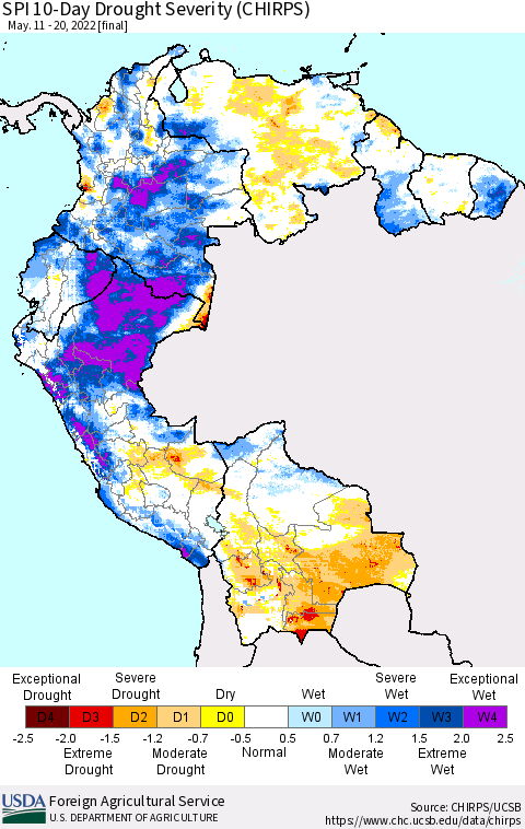 Northern South America SPI 10-Day Drought Severity (CHIRPS) Thematic Map For 5/11/2022 - 5/20/2022