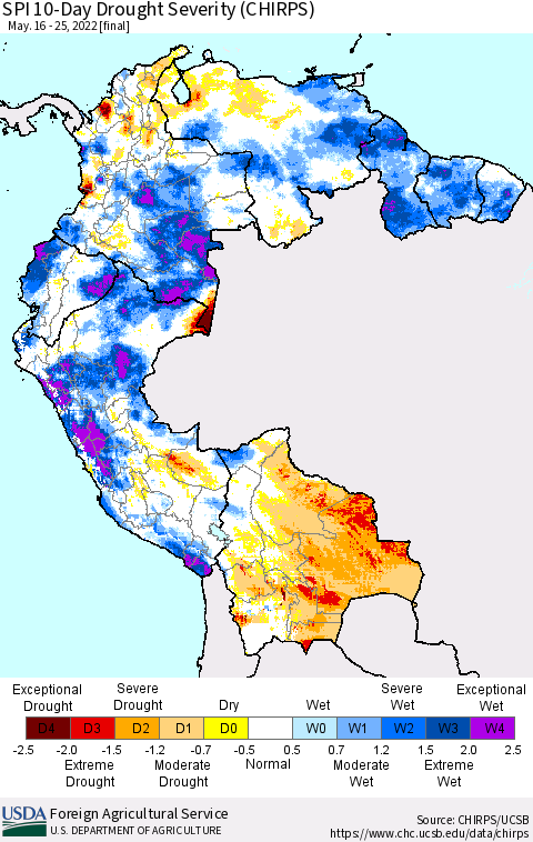 Northern South America SPI 10-Day Drought Severity (CHIRPS) Thematic Map For 5/16/2022 - 5/25/2022