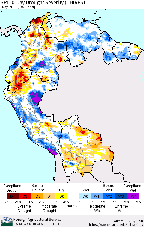 Northern South America SPI 10-Day Drought Severity (CHIRPS) Thematic Map For 5/21/2022 - 5/31/2022