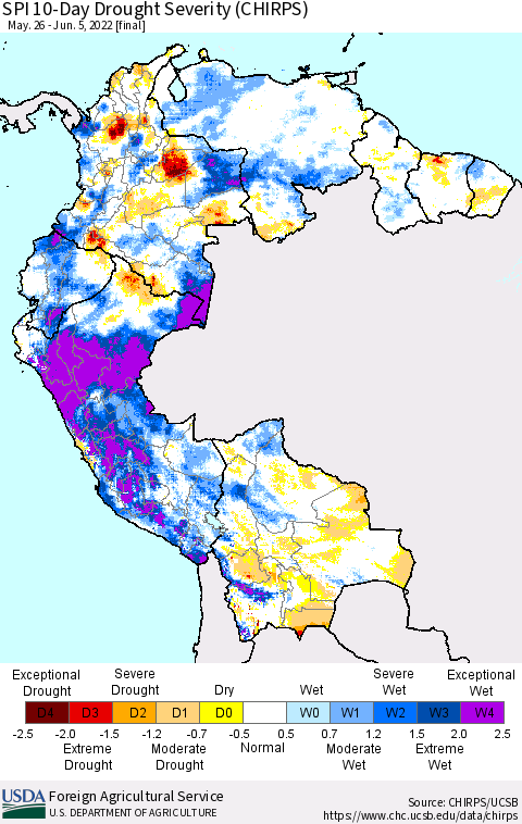 Northern South America SPI 10-Day Drought Severity (CHIRPS) Thematic Map For 5/26/2022 - 6/5/2022