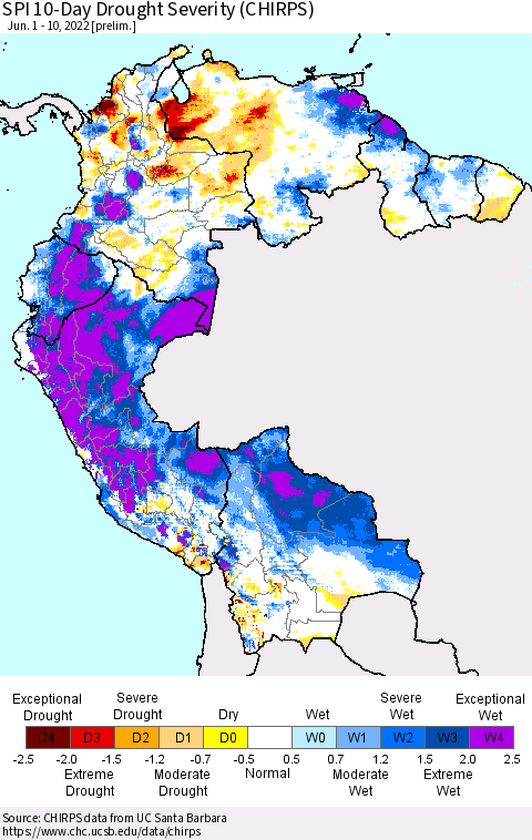 Northern South America SPI 10-Day Drought Severity (CHIRPS) Thematic Map For 6/1/2022 - 6/10/2022