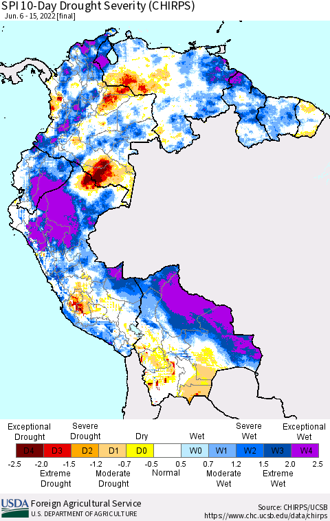 Northern South America SPI 10-Day Drought Severity (CHIRPS) Thematic Map For 6/6/2022 - 6/15/2022