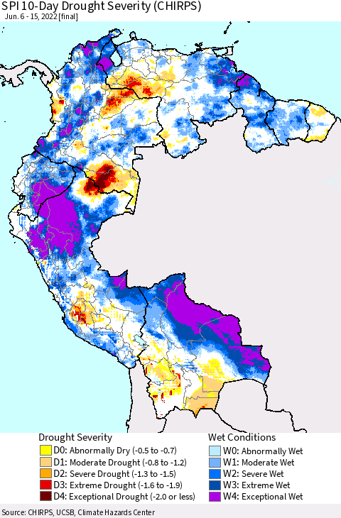 Northern South America SPI 10-Day Drought Severity (CHIRPS) Thematic Map For 6/6/2022 - 6/15/2022