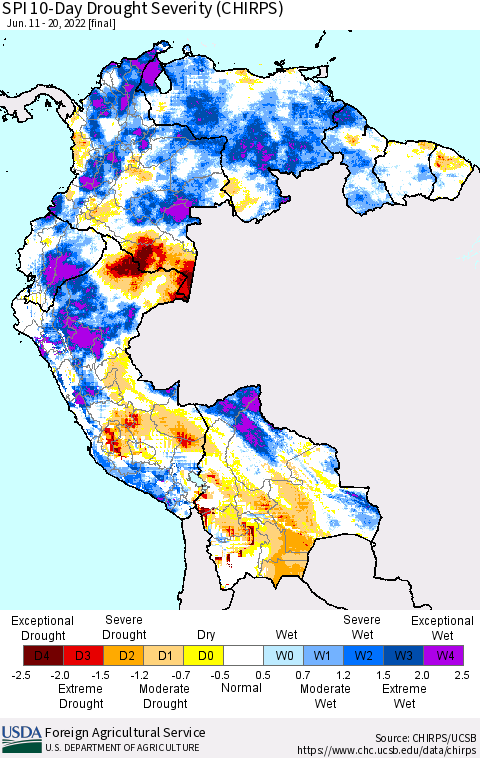 Northern South America SPI 10-Day Drought Severity (CHIRPS) Thematic Map For 6/11/2022 - 6/20/2022