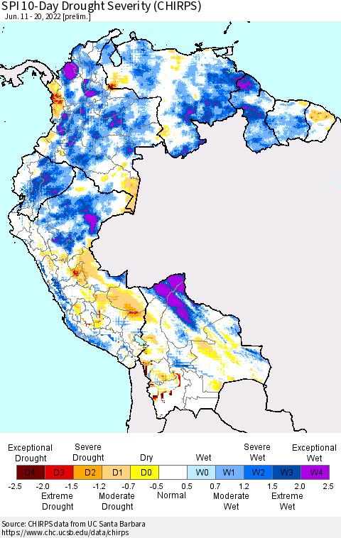 Northern South America SPI 10-Day Drought Severity (CHIRPS) Thematic Map For 6/11/2022 - 6/20/2022