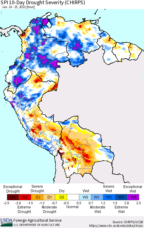 Northern South America SPI 10-Day Drought Severity (CHIRPS) Thematic Map For 6/16/2022 - 6/25/2022