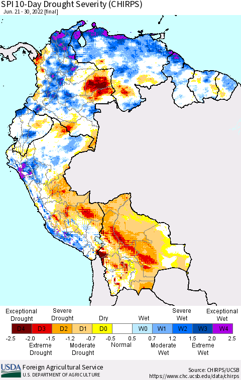 Northern South America SPI 10-Day Drought Severity (CHIRPS) Thematic Map For 6/21/2022 - 6/30/2022