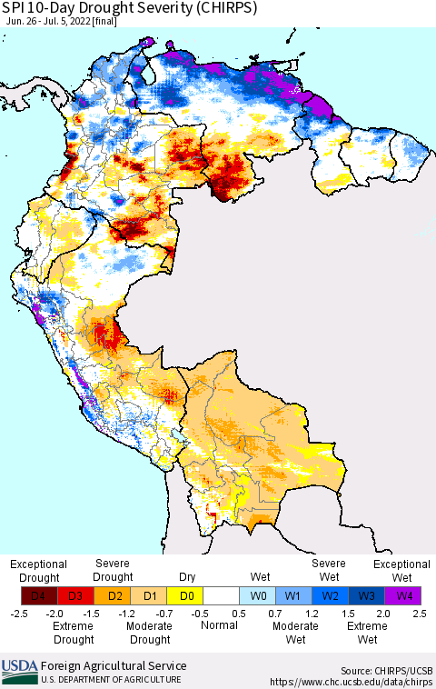 Northern South America SPI 10-Day Drought Severity (CHIRPS) Thematic Map For 6/26/2022 - 7/5/2022