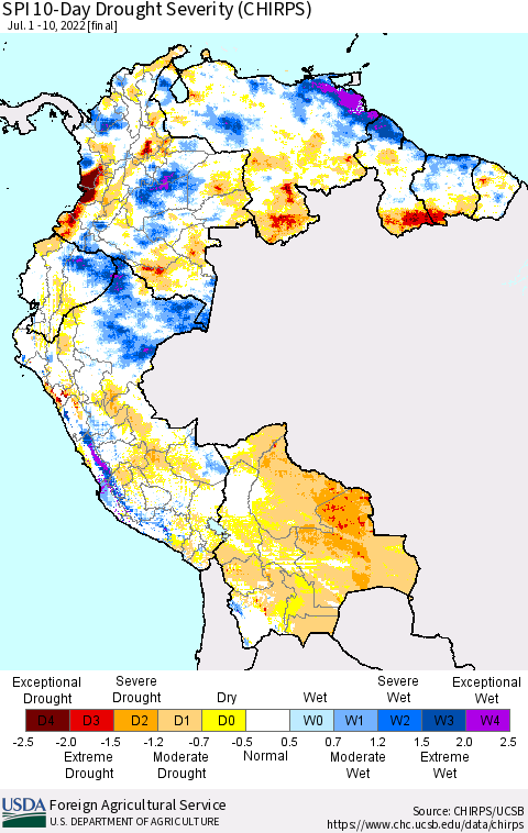 Northern South America SPI 10-Day Drought Severity (CHIRPS) Thematic Map For 7/1/2022 - 7/10/2022