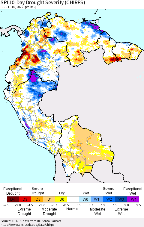 Northern South America SPI 10-Day Drought Severity (CHIRPS) Thematic Map For 7/1/2022 - 7/10/2022