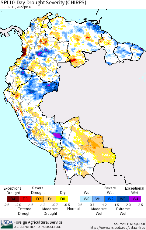 Northern South America SPI 10-Day Drought Severity (CHIRPS) Thematic Map For 7/6/2022 - 7/15/2022