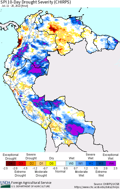 Northern South America SPI 10-Day Drought Severity (CHIRPS) Thematic Map For 7/11/2022 - 7/20/2022