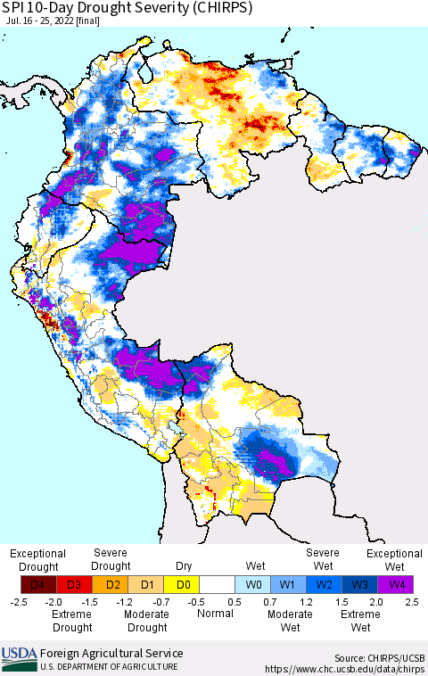 Northern South America SPI 10-Day Drought Severity (CHIRPS) Thematic Map For 7/16/2022 - 7/25/2022