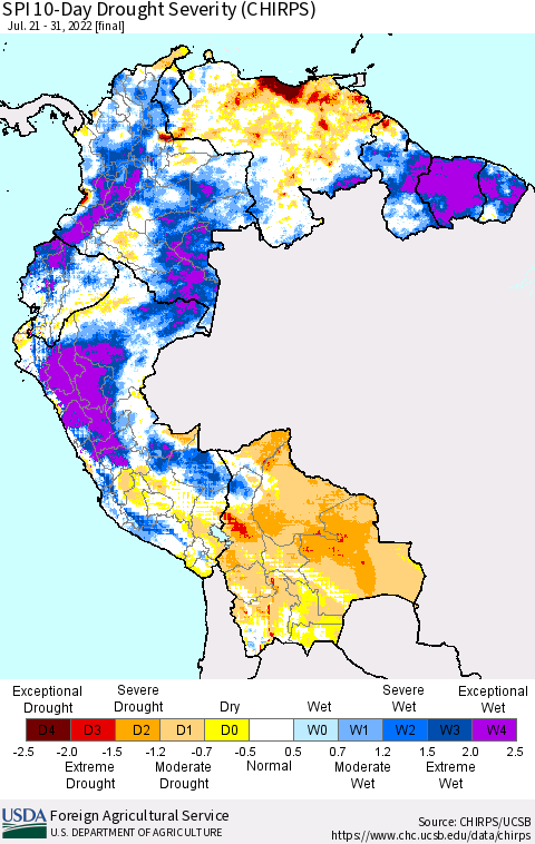 Northern South America SPI 10-Day Drought Severity (CHIRPS) Thematic Map For 7/21/2022 - 7/31/2022