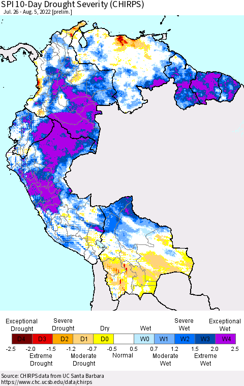 Northern South America SPI 10-Day Drought Severity (CHIRPS) Thematic Map For 7/26/2022 - 8/5/2022