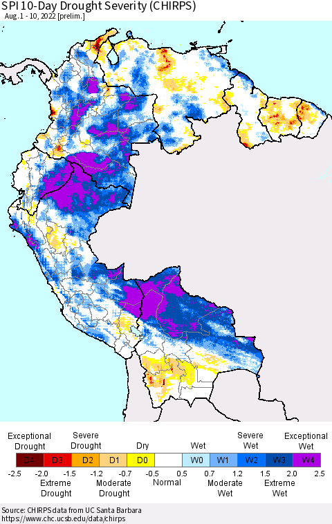 Northern South America SPI 10-Day Drought Severity (CHIRPS) Thematic Map For 8/1/2022 - 8/10/2022