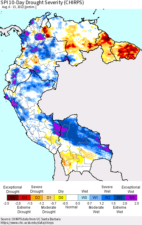 Northern South America SPI 10-Day Drought Severity (CHIRPS) Thematic Map For 8/6/2022 - 8/15/2022