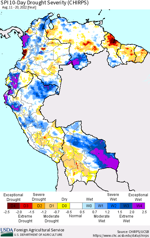 Northern South America SPI 10-Day Drought Severity (CHIRPS) Thematic Map For 8/11/2022 - 8/20/2022