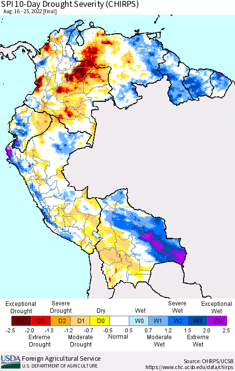 Northern South America SPI 10-Day Drought Severity (CHIRPS) Thematic Map For 8/16/2022 - 8/25/2022