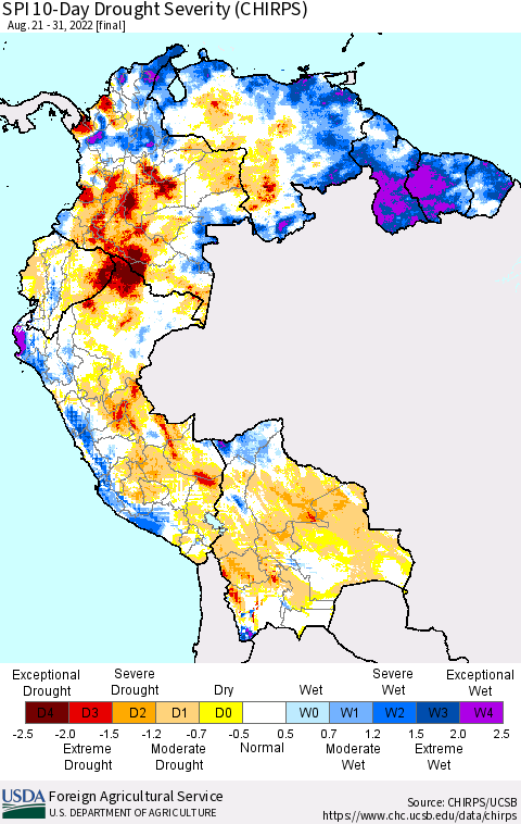 Northern South America SPI 10-Day Drought Severity (CHIRPS) Thematic Map For 8/21/2022 - 8/31/2022