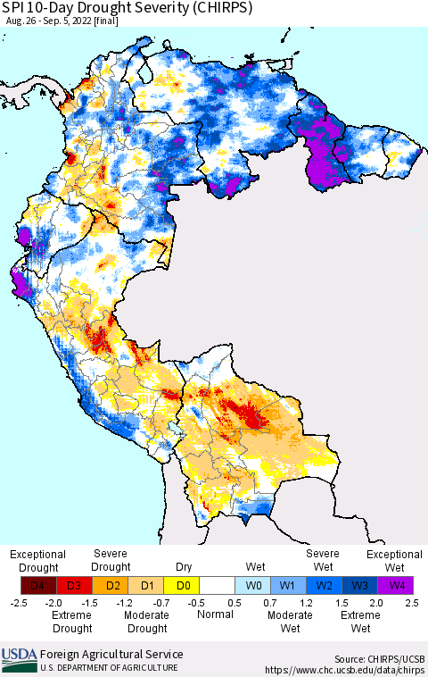 Northern South America SPI 10-Day Drought Severity (CHIRPS) Thematic Map For 8/26/2022 - 9/5/2022