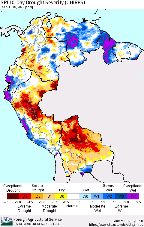 Northern South America SPI 10-Day Drought Severity (CHIRPS) Thematic Map For 9/1/2022 - 9/10/2022