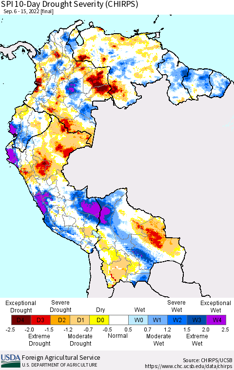 Northern South America SPI 10-Day Drought Severity (CHIRPS) Thematic Map For 9/6/2022 - 9/15/2022