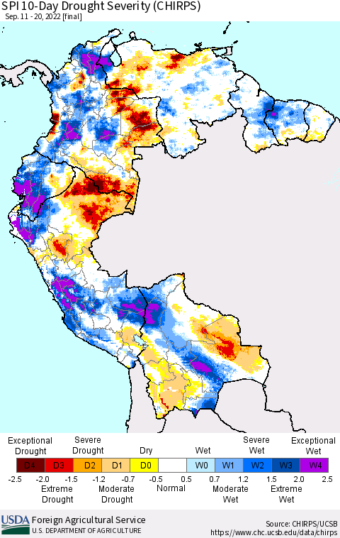Northern South America SPI 10-Day Drought Severity (CHIRPS) Thematic Map For 9/11/2022 - 9/20/2022