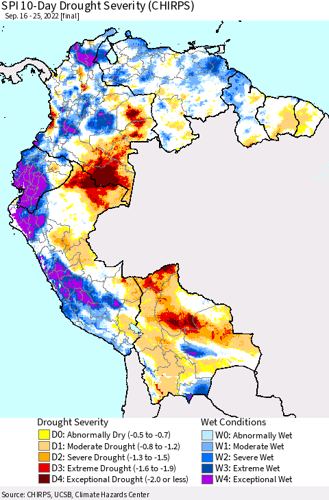 Northern South America SPI 10-Day Drought Severity (CHIRPS) Thematic Map For 9/16/2022 - 9/25/2022