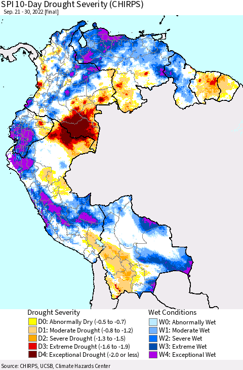 Northern South America SPI 10-Day Drought Severity (CHIRPS) Thematic Map For 9/21/2022 - 9/30/2022