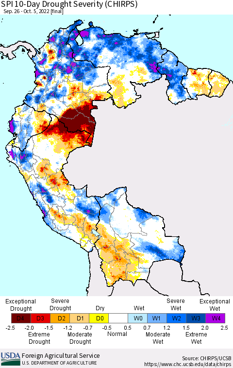 Northern South America SPI 10-Day Drought Severity (CHIRPS) Thematic Map For 9/26/2022 - 10/5/2022