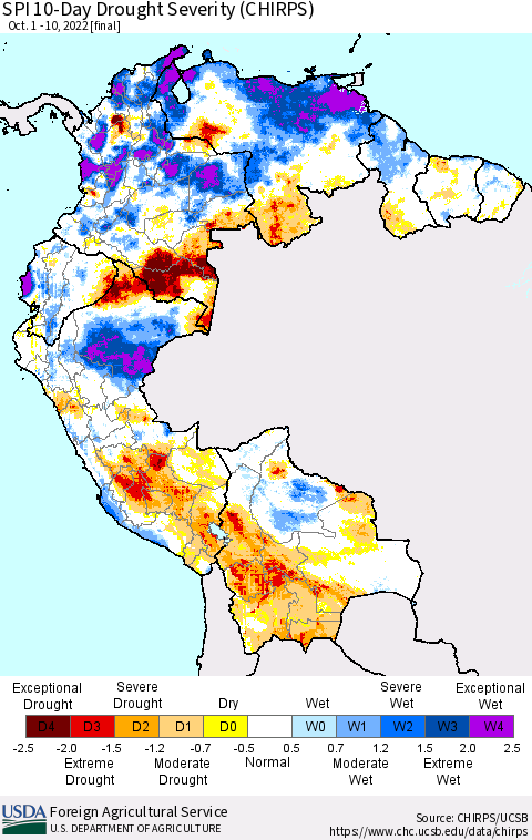 Northern South America SPI 10-Day Drought Severity (CHIRPS) Thematic Map For 10/1/2022 - 10/10/2022